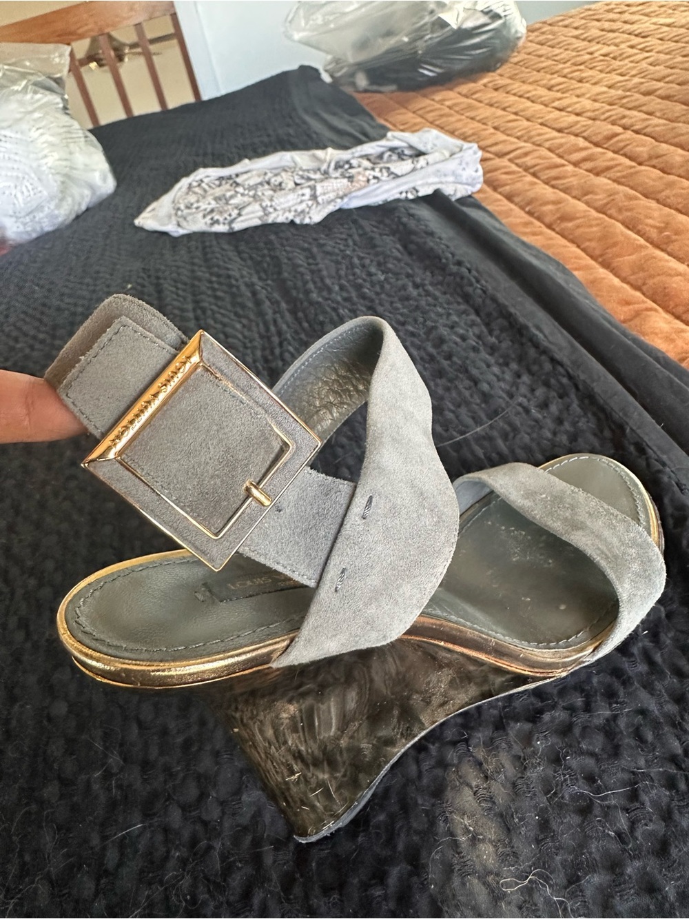 Louis Vuitton Gray Suede Strappy Heeled Sandals - Picture 6 of 6